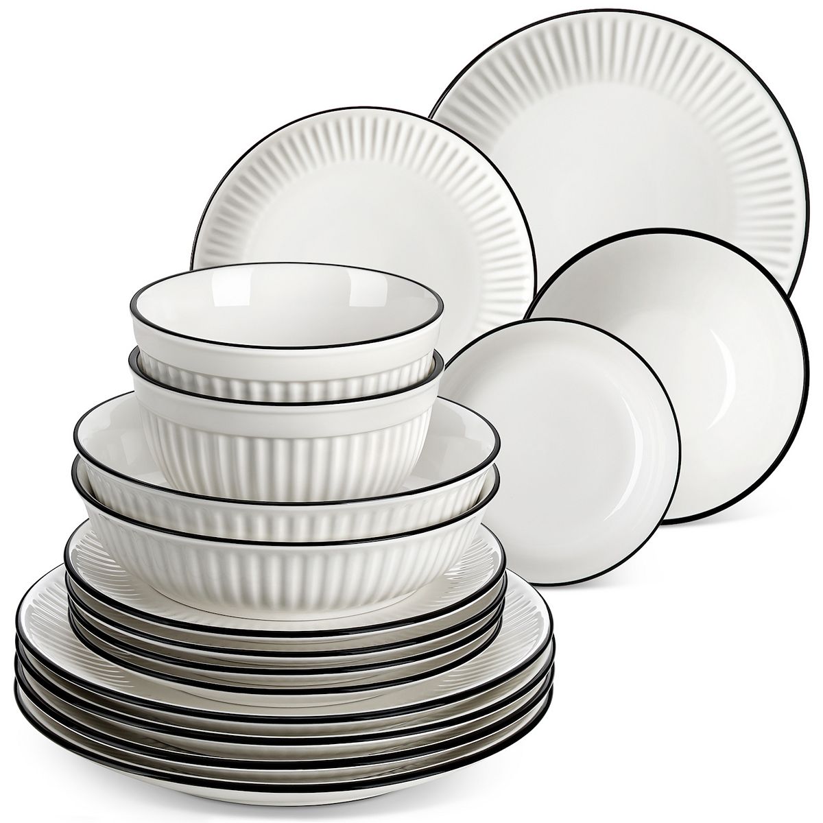 16-piece Porcelain Dinnerware Set for 4, Tabletop with Dinner, Dessert, Soup Plates, Bowls - White With Black Rim