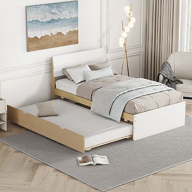 Whisen Modern Twin Bed Frame For White High Gloss Headboard and Footboard With Twin Trundle