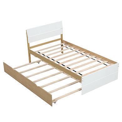 Whisen Modern Twin Bed Frame For White High Gloss Headboard and Footboard With Twin Trundle