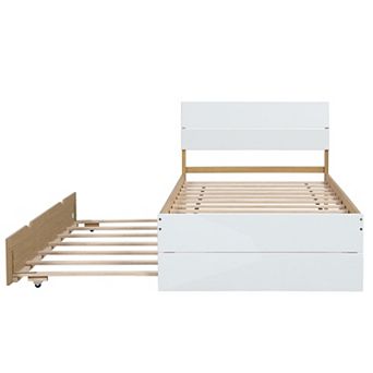 Whisen Modern Twin Bed Frame For White High Gloss Headboard and Footboard With Twin Trundle