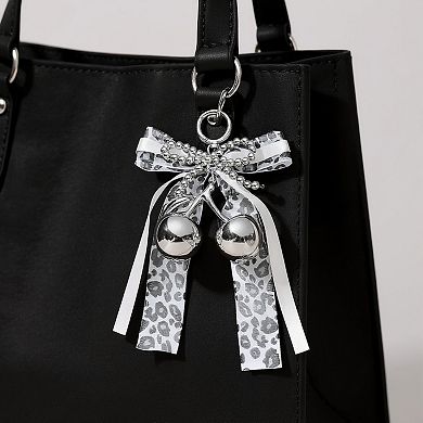 Leopard Print Ribbon Keychain with Pearl Bow and Cherry Charms