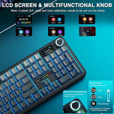 AULA F108 Pro, 104-Key Wireless Hot Swappable Mechanical Gaming Keyboard, RGB, Knob, Digital Screen