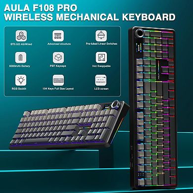 AULA F108 Pro, 104-Key Wireless Hot Swappable Mechanical Gaming Keyboard, RGB, Knob, Digital Screen