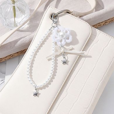Pearl Beaded Keychain with Ribbon Bow and Star Charms