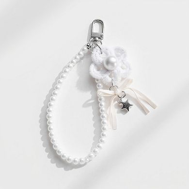 Pearl Beaded Keychain with Ribbon Bow and Star Charms