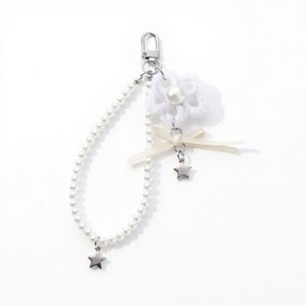 Pearl Beaded Keychain with Ribbon Bow and Star Charms