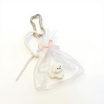 Clear Bow Bag Charm with White Puppy Figurine and Keychain Clip