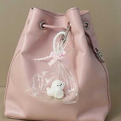 Clear Bow Bag Charm with White Puppy Figurine and Keychain Clip