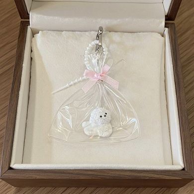 Clear Bow Bag Charm with White Puppy Figurine and Keychain Clip