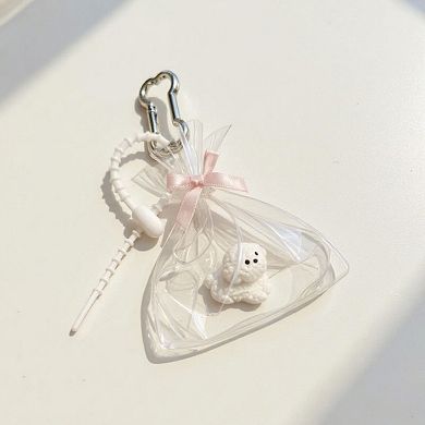 Clear Bow Bag Charm with White Puppy Figurine and Keychain Clip