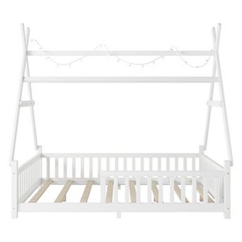 Whisen Full House Bed with Light, Low Floor House Bed with Fence and Roof, Safety Design