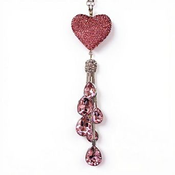 Pink Crystal Heart Car Mirror Charm with Teardrop Rhinestone Tassel