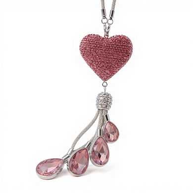 2-PC Pink Crystal Heart Car Mirror Charm with Teardrop Rhinestone Tassel