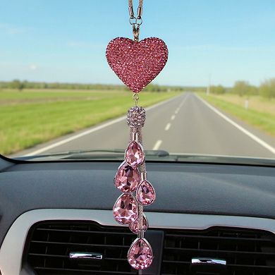 2-PC Pink Crystal Heart Car Mirror Charm with Teardrop Rhinestone Tassel