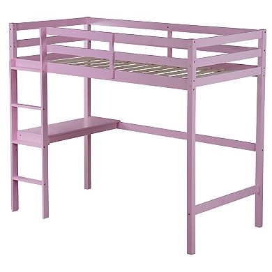 Whisen High Loft Bed, Rubber Wood Loft Bed with Ladder, Safety Guardrail and built-in desk