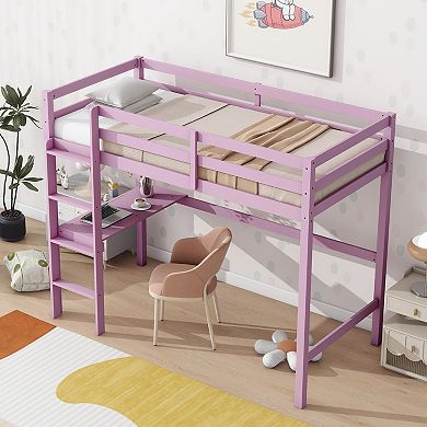 Whisen High Loft Bed, Rubber Wood Loft Bed with Ladder, Safety Guardrail and built-in desk