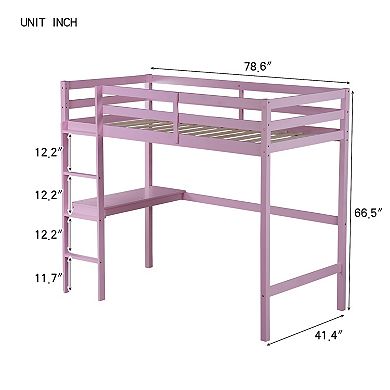 Whisen High Loft Bed, Rubber Wood Loft Bed with Ladder, Safety Guardrail and built-in desk