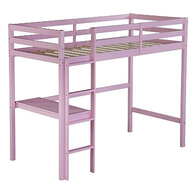 Whisen High Loft Bed, Rubber Wood Loft Bed with Ladder, Safety Guardrail and built-in desk