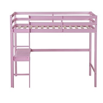 Whisen High Loft Bed, Rubber Wood Loft Bed with Ladder, Safety Guardrail and built-in desk