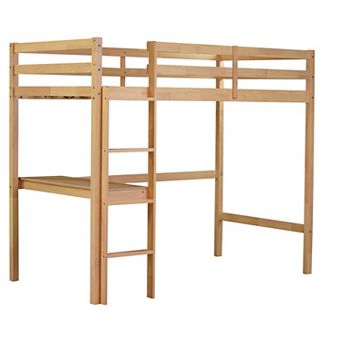 Whisen High Loft Bed, Rubber Wood Loft Bed with Ladder, Safety Guardrail and built-in desk