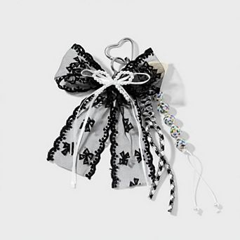 Black Lace Bow Keychain with Heart Clasp and Beaded Ribbon Details