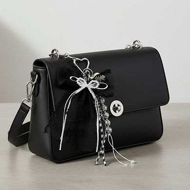 Black Lace Bow Keychain with Heart Clasp and Beaded Ribbon Details