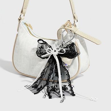 Black Lace Bow Keychain with Heart Clasp and Beaded Ribbon Details