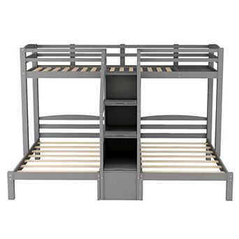 Whisen Twin over Twin & Twin Bunk Bed with Built-in Staircase and Storage Drawer