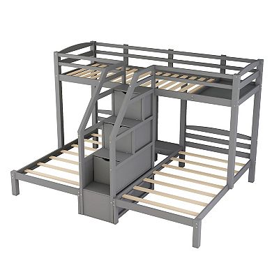 Whisen Twin over Twin & Twin Bunk Bed with Built-in Staircase and Storage Drawer