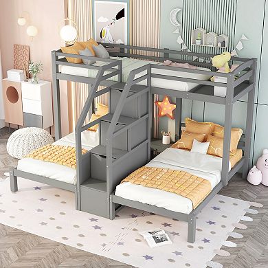 Whisen Twin over Twin & Twin Bunk Bed with Built-in Staircase and Storage Drawer