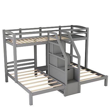 Whisen Twin over Twin & Twin Bunk Bed with Built-in Staircase and Storage Drawer