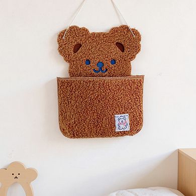 Plush Bear Wall Pocket Organizer with Hanging Loop and Front Storage Pouch
