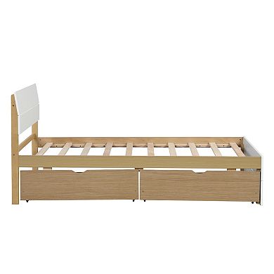 Whisen Modern Twin Bed Frame For White High Gloss Headboard and Footboard With 2 Drawers