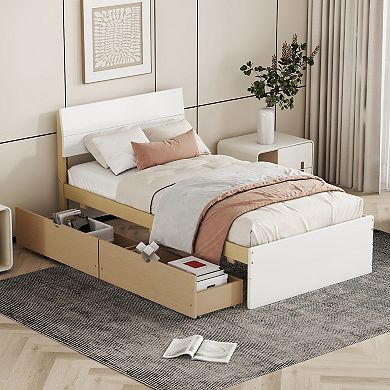 Whisen Modern Twin Bed Frame For White High Gloss Headboard and Footboard With 2 Drawers