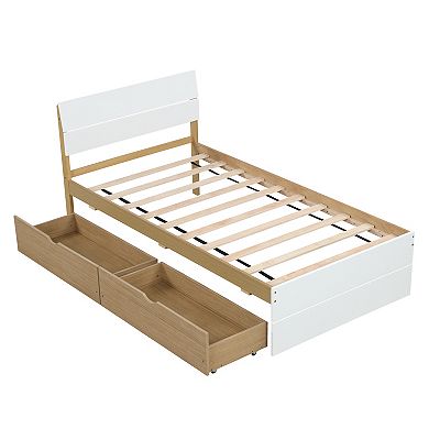 Whisen Modern Twin Bed Frame For White High Gloss Headboard and Footboard With 2 Drawers