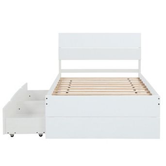 Whisen Modern Twin Bed Frame For White High Gloss Headboard and Footboard With 2 Drawers