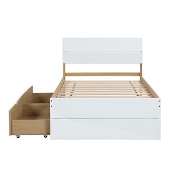 Whisen Modern Twin Bed Frame For White High Gloss Headboard and Footboard With 2 Drawers