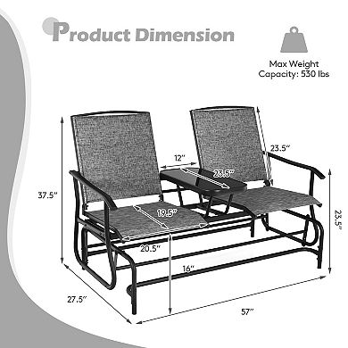 2-Person Double Rocking Loveseat with Mesh Fabric and Center Tempered Glass Table-Gray