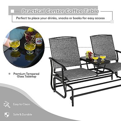 2-Person Double Rocking Loveseat with Mesh Fabric and Center Tempered Glass Table-Gray