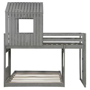 Whisen Playhouse Style L-Shaped Twin Over Full Bunk Bed with Built-in Ladder and Guardrails