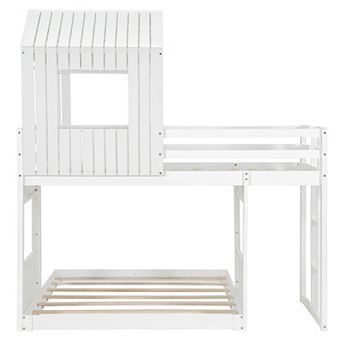 Whisen Playhouse Style L-Shaped Twin Over Full Bunk Bed with Built-in Ladder and Guardrails