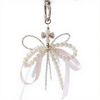 Pearl and Ribbon Bow Angel Keychain Charm with Crystal Details