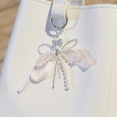 Pearl and Ribbon Bow Angel Keychain Charm with Crystal Details