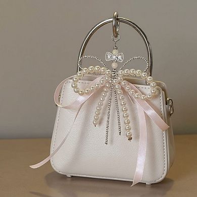 Pearl and Ribbon Bow Angel Keychain Charm with Crystal Details