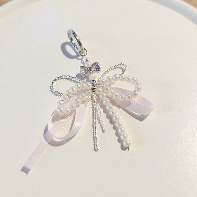 Pearl and Ribbon Bow Angel Keychain Charm with Crystal Details