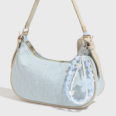 2-Piece Blue Beaded Keychain with Flower Charm and Silver Star Accents