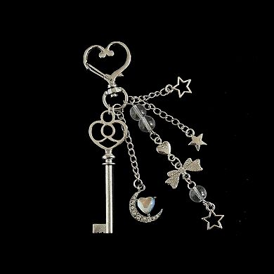 Silver Heart Keychain with Moon, Star, and Bow Charms