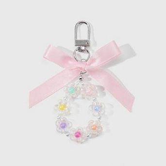 Pastel Flower Beaded Keychain with Pink Satin Bow and Pearl Accents