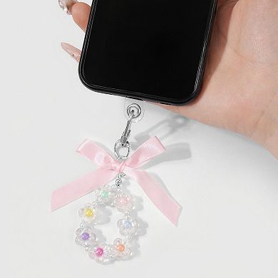 Pastel Flower Beaded Keychain with Pink Satin Bow and Pearl Accents