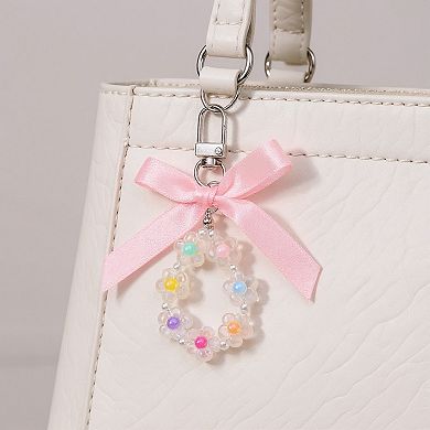 Pastel Flower Beaded Keychain with Pink Satin Bow and Pearl Accents